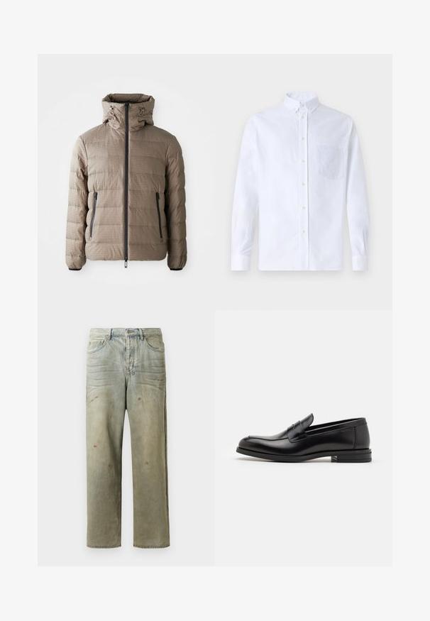 Kurtka puchowa w kolorze taupe z kapturem, wykonana z teksturowanej tkaniny, z poziomym pikowaniem, zamkiem błyskawicznym z przodu oraz kieszeniami po bokach.; Biała koszula z długim rękawem na guziki, wykonana z bawełny, z kieszonką na piersi z tonowym haftem, kołnierzykiem i zapięciem na guziki przy mankietach.; Zniszczone dżinsy w jasnym zielonym kolorze, z prostymi nogawkami, pięcioma kieszeniami oraz nierównomiernym blaknięciem i plamami farby.; Czarne skórzane mokasyny o gładkiej fakturze, zaokrąglonym nosku i dekoracyjnym pasku na przodzie. Niski, warstwowy obcas, minimalistyczny design.