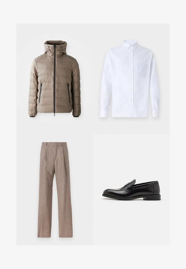 Bunda s kapucí ve taupe barvě, vyrobená z texturované tkaniny, s horizontálním prošíváním, předním zipem a bočními kapsami.; Bílá dlouhá košile s knoflíky vyrobená z bavlny, která má náprsní kapsu s tónovanou výšivkou, límec a knoflíkové manžety.; Hnědé kalhoty s vysokým pasem vyrobené z texturované látky. Mají široké nohavice a dva přední sklady pro strukturu. Úhledné provedení bez viditelné kovových částí.; Černé kožené polobotky s hladkou texturou, zaoblenou špičkou a zdobným páskem přes nárt. Nízký stohovaný podpatek, minimalistický design.