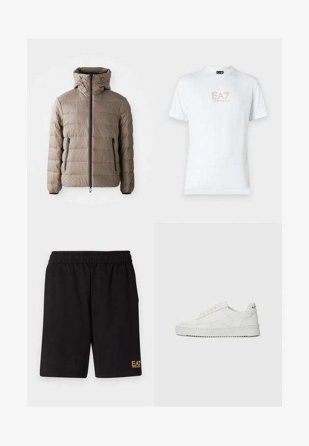 Taupe színű, kapucnis pufferek, texturált anyagból készült, vízszintes steppelt mintával, elöl cipzárral és oldalsó zsebekkel.; Fehér pamut póló, kerek nyakkivágással és rövid ujjakkal, az elején arany EA7 Emporio Armani logóval nyomtatva.; Fekete sportnadrág puha anyagból, rugalmas derékkal és egy kis sárga EA7 logóval a bal alsó lábszáron.; Fehér bőr sportcipő sima felülettel, kerek orral, lapos fűzőkkel és texturált talppal. Finom logó található a sarokon.