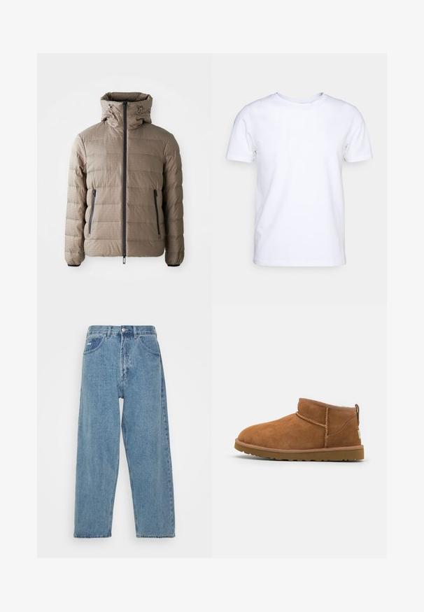 Pelēkā pūkainā jaka ar kapuci, ar teksturētu audumu, horizontālu quiltēšanas rakstu, priekšējo rāvējslēdzēju un sānu kabatām.; Balts īsām piedurknēm T-krekls no kokvilnas auduma ar apaļu kakla izgriezumu. Vienkāršs dizains bez rakstiem vai akcentiem. Gluda tekstūra.; Gai zilo denima džinsu bikses ar augstu vidukli, brīvu piegriezumu, divām priekšējām kabatām, aizmugurējo kabatu un pogu aizdari.; Bēša zamšas potītes zābaks ar noapaļotu purngalu, smalkiem diegu dekorējumiem un teksturētu gumijas zoli. Īsa augstuma bez auklām.