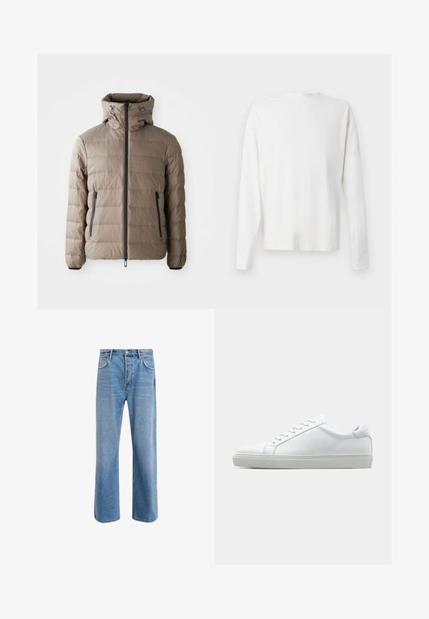 Pufasta jakna u taupe boji s kapuljačom, koja se odlikuje teksturiranim materijalom, horizontalnim dijagonalnim šavovima, prednjim patentnim zatvaračem i bočnim džepovima.; Bijela pamučna košulja dugih rukava s okruglim izrezom, bočnim prorezima pri dnu i glatkom teksturom, prikazana s leđa.; Svijetloplave traperice s ravnim nogavicama, pet džepova, zatvaranjem na gumb, minimalnim izbljeđivanjem i kontrastnim šavovima.; Bijela tenisica s glatkim kožnim gornjim dijelom i niskim profilom. Ima zaobljen vrh, šest rupica za vezanje i teksturiranu gumenu podlogu.