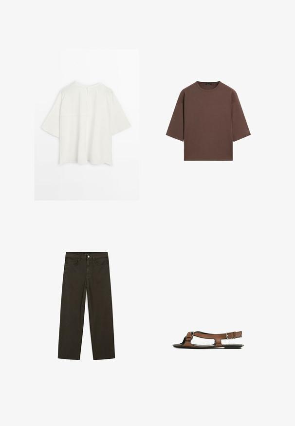 Top bianco oversize a maniche corte con scollo rotondo semplice e dettaglio della cucitura posteriore, esposto su uno sfondo bianco uniforme.; T-shirt corto marrone con scollatura rotonda, maniche corte e una texture morbida. Progettato con una vestibilità rilassata e dettagli minimi.; Jeans a gamba larga di colore verde scuro, realizzati in tessuto misto cotone, dotati di chiusura con bottone frontale, cinque tasche e cuciture classiche in denim.; Sandal in pelle marrone con punta aperta e ritagli laterali. Presenta una fascia alla caviglia con una fibbia metallica e una suola piatta.