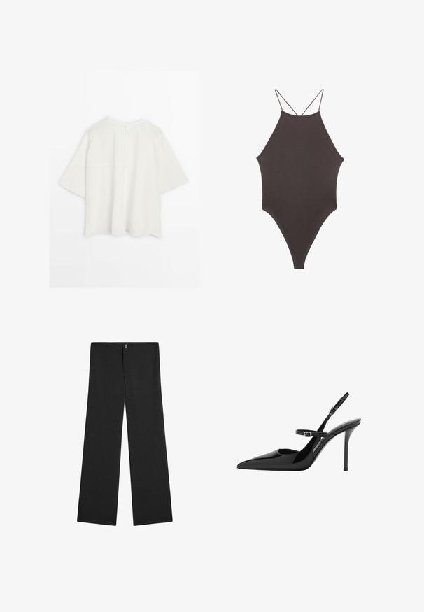 Biała, oversize bluzka z krótkim rękawem, z prostym okrągłym dekoltem i detalem szwu z tyłu, prezentowana na jednolitym białym tle.; Brązowy jednoczęściowy kostium kąpielowy z wysokim dekoltem i cienkimi, regulowanymi ramiączkami; charakteryzuje się wysokim krojem nogawek i gładką teksturą. Bez wzorów ani ozdób.; Czarne, szerokie spodnie wykonane z lekkiego materiału, z zapięciem na guzik, bez widocznych wzorów i o gładkiej, jednolitej fakturze.; Czarne lakierowane szpilki slingback z ostrym noskiem, regulowanym paskiem i obcasem w kształcie stiletto. Gładka powierzchnia o błyszczącym wykończeniu.