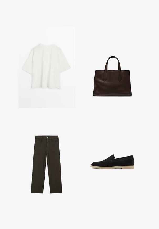 Biała, oversize bluzka z krótkim rękawem, z prostym okrągłym dekoltem i detalem szwu z tyłu, prezentowana na jednolitym białym tle.; Brązowa bawełniana koszulka, krótki rękaw, okrągły dekolt, luźny fason, gładka tkanina, minimalistyczny design, bez widocznych wzorów czy akcentów.; Ciemnozielone spodnie dżinsowe typu wide-leg wykonane z mieszanki bawełny, z zamkiem na guzik z przodu, pięcioma kieszeniami i klasycznym przeszyciem dżinsowym.; Czarne zamszowe mokasyny z płaską beżową podeszwą, z haftowanym wzorem i eleganckim stylem wsuwanym, odpowiednie do codziennego użytku.; Brązowa skórzana torba tote z dwoma wydłużonymi uchwytami, usztywnionym prostokątnym kształtem, gładką teksturą i subtelnymi detalami przeszycia.