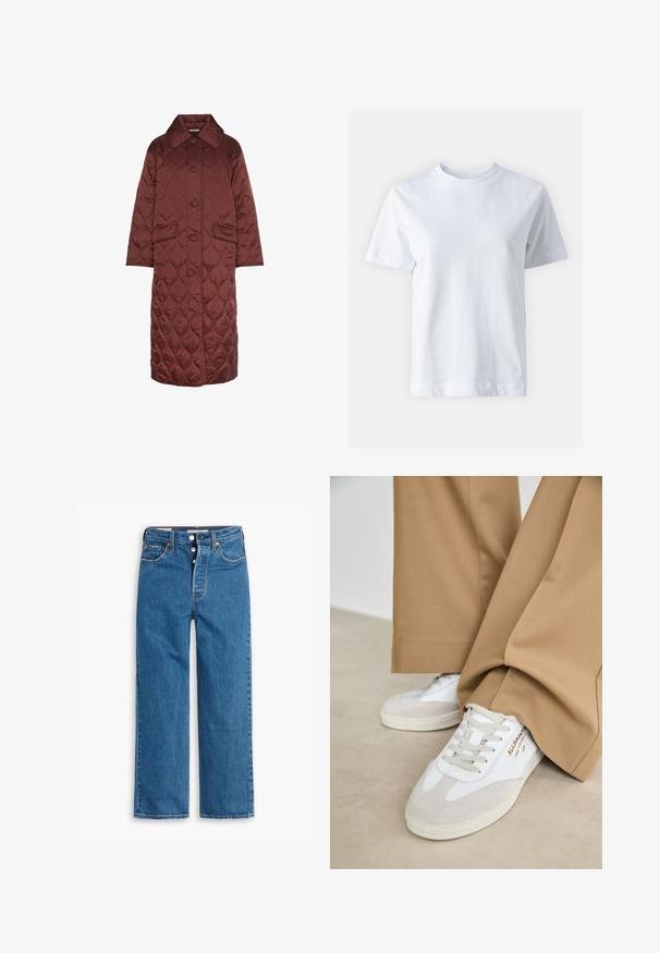 Long, quilted coat in deep burgundy, featuring a spread collar, front buttons, and two patch pockets with a smooth, glossy texture.; White cotton t-shirt with a crew neckline, short sleeves, a straight cut, and smooth texture. No patterns or embellishments.; Blue denim straight-leg jeans with a high waist, five-pocket design, and button fly. Noticeable stitching and copper-tone rivets.; White sneakers with suede accents, textured laces, and a rubber sole. Paired with loose tan trousers. Logo displayed on the side.