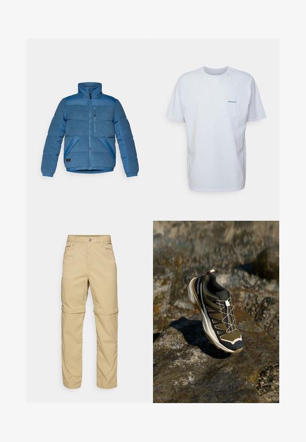 Sininen puffatakki, jossa on vaakasuora ribbitekstuuri hartioilla ja hihoilla, edessä vetoketjukiinnitys ja kaksois-taskut sivuilla.; Valkoinen puuvillapaita lyhyillä hihoilla, pyöreällä kaula-aukolla ja vasemmalla rintataskulla, jossa on sininen "Patagonia" -logo. Klassinen istuvuus ja sileä tekstuuri.; Beige-harmaat, joissa on sileä pinta, kaksi sivutaskua, napin suljinta ja käärittävät hihansuut monikäyttöisyyttä varten.; Vaelluskengät oliivinvihreänä ja mustana, pinkeillä yksityiskohdilla. Ominaisuuksiin kuuluu teksturoitu yläosa, joustava pohja, vahvistettu varvasosa ja värikäs nauhoitusjärjestelmä.