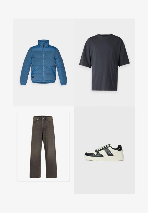 Mėlynas pūkinis švarkas su horizontaliomis gyslomis ant pečių ir rankovių, su priekiu užtrauktuku ir dviem šoninėmis kišenėmis.; Tamsiai pilkas trumpas rankovėmis marškinėliai, pagaminti iš lengvos medvilnės, su laisvu kirpimu ir klasikinės apvalios iškirptės dizainu, be raštų ir su vientisu paviršiumi.; Plati kojinės džinsai tamsiai pilkos spalvos džinsinio audinio, su aukštu liemeniu, klasikinio penkių kišenių dizainu ir kontrastinga siuvimo linija siūlėse.; Odiniai sportbačiai juodos ir kreminės spalvų schemoje, su perforuotais akcentais, paminkštinta apykakle ir tekstūruotu padu.