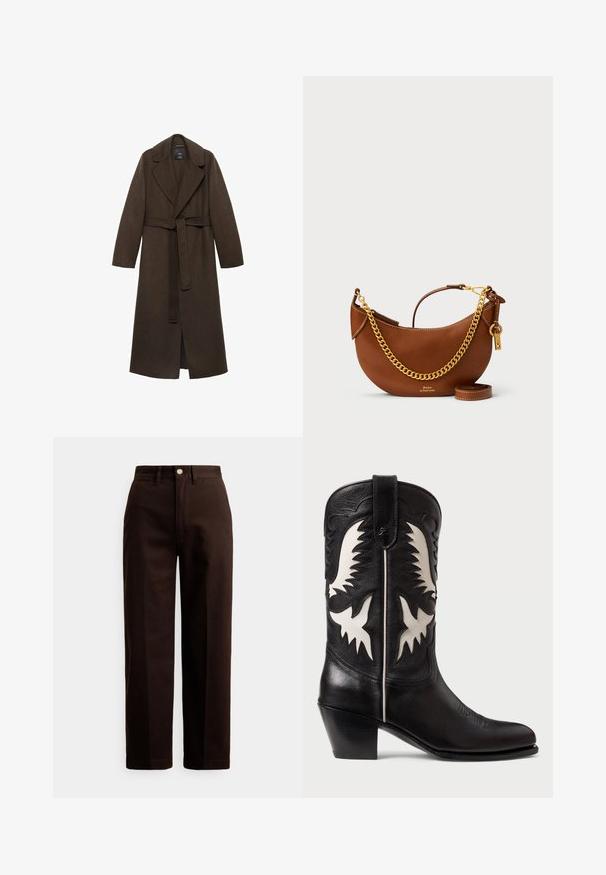 Cappotto di lana marrone con un ampio colletto a punte, maniche lunghe e vita con cintura. Presenta linee pulite e un design a scollo aperto.; Maglione beige a collo alto con lavorazione a maglia grossa e orlo a coste. Presenta maniche lunghe e una vestibilità comoda, realizzato in un morbido materiale tessile.; Pantaloni marrone scuro a gamba dritta con chiusura a bottone e cerniera, passanti per cintura e tasche frontali su sfondo bianco.; Stivali da cowboy in pelle nera con dettagli angolari bianchi, caratterizzati da una cucitura decorativa, una punta affusolata e un tacco basso impilato.; Borsa a mano in pelle marrone con un design curvo, tracolla in catena dorata, tasca interna e tracolla rimovibile. Presenta cuciture a contrasto.