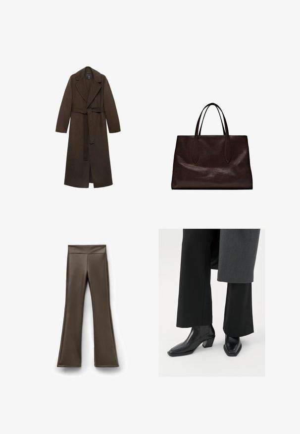 Brauner Wollmantel mit großemreverskragen, langen Ärmeln und Taillengürtel. Verfügt über klare Linien und einen offenen Front-Design.; Dunkelbrauner Strickpullover mit Rundhalsausschnitt, langen Ärmeln und geripptem Saum. Weiche Textur mit lockerer Passform, ideal zum Übereinandertragen.; Braune Kunstleder Schlaghosen mit hohem Bund, ausgestattet mit einer glatten Textur und einer sauberen, figurbetonten Silhouette.; Schwarze Ankle-Boots mit quadratischer Zehenform und schmalem Absatz, aus glänzendem Leder mit vertikalen Rippdetails an den Seiten.; Massimo Dutti Handtasche - brown