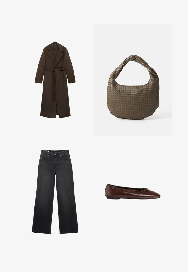 Brun uldfrakke med en stor spidse krave, lange ærmer og en bælte i taljen. Har rene linjer og en åben frontdesign.; Lys beige crew neck sweater lavet af blødt strikket stof. Har lange ærmer og ribkantede manchetter, med en afslappet pasform og et minimalistisk design.; Sorte bredbensjeans lavet af denim. Har et klassisk fem-lomme design, en lige silhuet og en front knaplukning.; Brun læder balletflade med en glat tekstur, spids tå og en sløjfeakcent foran, der har en lav sort gummisål.; Vevet olivengrøn håndtaske med en rund form og et snoet håndtag. Den teksturerede overflade har et diagonalt mønster. Lynlåslukning.