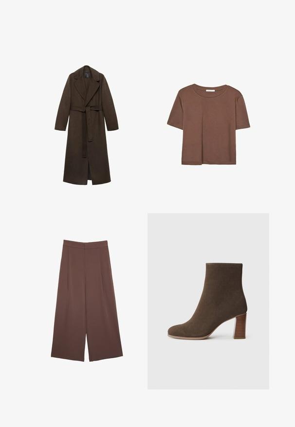 Ruskea villakangastakki, jossa on suuri uurrettu kaulus, pitkät hihat ja vyöllinen vyötärö. Ominaisuuksiin kuuluu siistit linjat ja avoin etuosasuunnittelu.; Kahvinsävyinen lyhythihainen t-paita, joka on valmistettu pehmeästä kankaasta. Pyöreä pääntie ja rento malli. Ei näkyviä kuvioita tai koristeita.; Ruskeat leveälahkeiset housut, joissa on sileä pinta, korkea vyötärö ja etupleat. Kangas on kevyttä ja laskeutuu väljänä.; Ruskean mokkanahkaiset nilkkurit, joissa on pyöreä pää ja pinottu, tekstuuriheijastava korko. Sileä pinta ilman näkyviä sulkemisia tai koristelua.