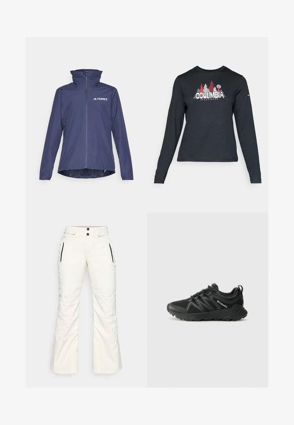Tumes sinine veekindel jakk kõrge kraega, esine tõmblukk ja Terrexi logo. Omab pikki varrukaid ja veidi kaardus lõikega hemmi katmiseks.; Pikend varrukatega tumehall särk, millel on punaste puude ja mägede graafika; "COLUMBIA" logo julge valge tekstiga. Pehme kangas, tavaline ümmargune kaelus.; Valged suusapüksid siledast materjalist, millel on kaks lukuga külgetaskut, kaks nuppu vööl ja veidi hõlmadega lõige.; Columbia PEAKFREAK - Matkajalatsid - black