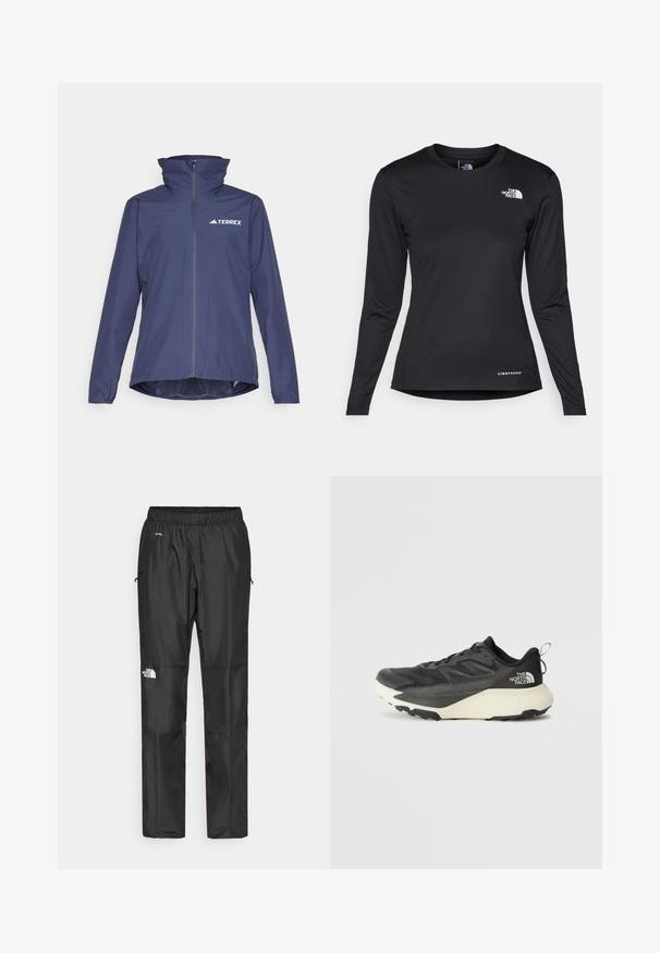 Navy waterproof jacket with high collar, front zipper, and Terrex logo. Features long sleeves and a slightly curved hem for coverage.; The North Face SHADOW LONG SLEEVE - Long sleeved top - black; Black waterproof pants made from lightweight fabric, featuring an elastic waistband, side pockets, and a logo on the left leg.; Black athletic shoe with a textured upper, featuring gray accents and a white midsole. Includes a pull tab and prominent brand logo on the heel.