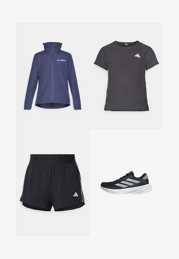 Giacca impermeabile della marina con collo alto, zip frontale e logo Terrex. Caratterizzata da maniche lunghe e orlo leggermente curvo per una maggiore copertura.; T-shirt atletico a maniche corte, grigio scuro con texture perforata. Presenta un logo bianco e strisce laterali a contrasto. Girocollo.; Pantaloni sportivi neri con cintura elasticizzata, dotati di una banda testurizzata, strisce laterali e un logo Adidas bianco sull'orlo inferiore.; Scarpa da corsa nera con tomaia in mesh, tre strisce argentate, intersuola bianca e suola testurizzata. Presenta un colletto imbottito e chiusura con lacci.