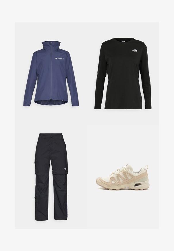 Veste imperméable marine avec col haut, fermeture éclair sur le devant et logo Terrex. Caractéristiques : manches longues et ourlet légèrement courbé pour un bon maintien.; T-shirt noir à manches longues en coton avec un col rond. Présente un petit logo blanc sur la partie gauche de la poitrine. Design et coupe simples.; Pantalons cargo en nylon noir, à zip amovible, avec chevilles ajustables, plusieurs poches et un logo sur la jambe droite. Texture lisse et légère.; Baskets de sport beiges et crème avec une tige en mesh texturé, des superpositions de soutien et une semelle en caoutchouc dotée d'un motif de crampons pour une traction.