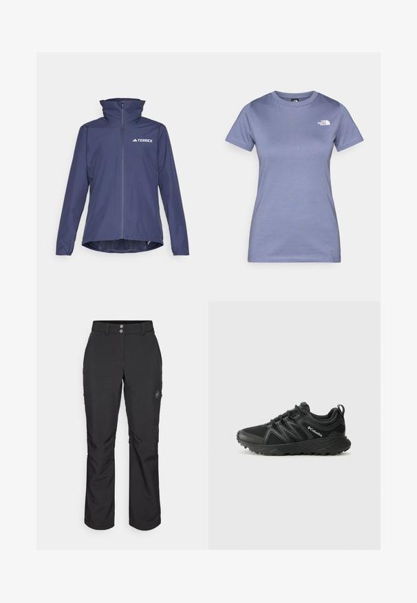 Kék vízálló dzseki magas gallérral, elülső cipzárral és Terrex logóval. Hosszú ujjakkal és enyhén ívelt alsó szegéllyel a megfelelő takarás érdekében.; Világoslila, rövid ujjú pamut póló, kerek nyakkivágással és egy apró fehér logóval a mellrészen. Simább textúra.; Fekete, egyenes szabású kinti nadrág, gombos záródással, cipzáros oldalzsebekkel és logóval a bal combon.; Columbia PEAKFREAK - Túracipők - black