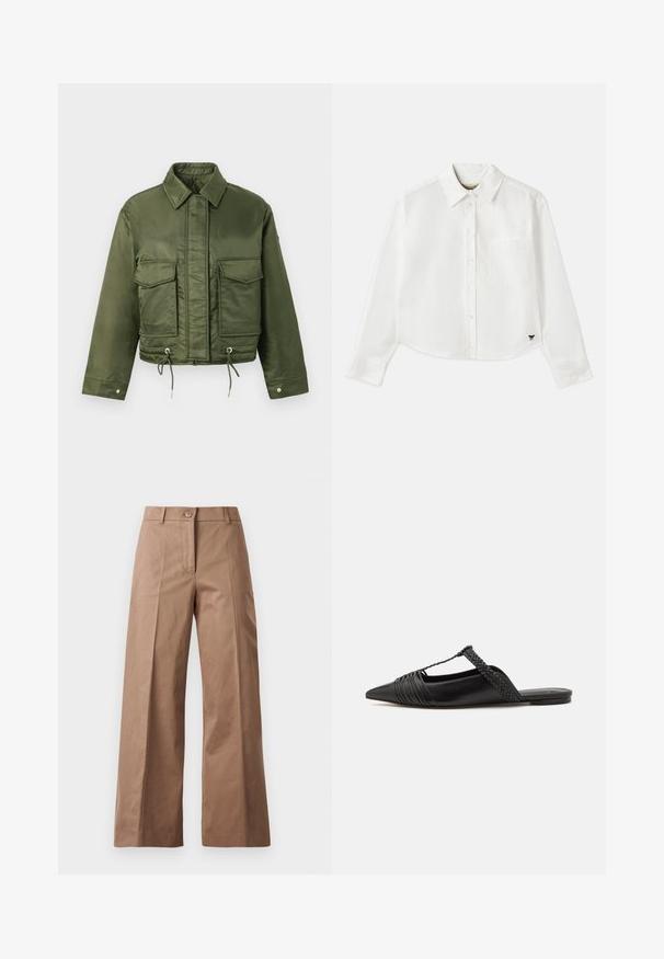 Jachetă scurtă de culoare verde măslin, fabricată dintr-un material neted și lucios. Prezintă două buzunare pe piept, vârful cu șnur și o guler clasic.; Cămașă albă cropped cu mânecă lungă din bumbac. Prezentă un închizător cu nasturi în față, un buzunar pe piept și un mic logo negru în partea stângă jos.; Pantaloni largi de culoare maronie, confecționați dintr-un material neted, având o închidere cu nasture în față, două buzunare frontale și linii curate, croite.; Pantofii din piele neagră cu curea la spate au vârful ascuțit, prezentând un accent țesut și un design superior pliat. Talpa joasă cu hardware minim.