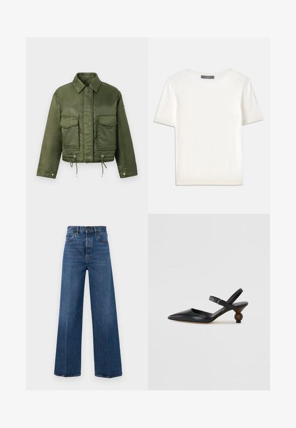 Ελαιόχρωμο cropped τζάκετ φτιαγμένο από λείο, γυαλιστερό ύφασμα. Διαθέτει δύο τσέπες στο στήθος, κορδόνι στο στρίφωμα και κλασικό γιακά.; Λευκό κοντομάνικο πλεκτό μπλουζάκι με στρογγυλή λαιμόκοψη, με λεία υφή και διακριτές ραβδώσεις στα μανίκια και στο τελείωμα.; Πλατειά τζιν παντελόνια σε μπλε χρώμα κατασκευασμένα από τζιν με ψηλή μέση, μπροστινές τσέπες και αντίθεση στη ραφή. Ο ιστός έχει λεία υφή.; Μαύρο δερμάτινο παπούτσι slingback με μυτερή μύτη, καμπυλωτό σχέδιο και στρογγυλή ξύλινη σφήνα. Διαθέτει στενό λουράκι στον αστράγαλο.