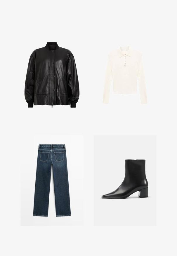 Schwarze Lederbomberjacke mit geripptem Einsatz und Knopfverschluss. Verfügt über Seitentaschen und elastische Bündchen für eine maßgeschneiderte Passform.; Langärmliges Poloshirt in Cremefarbe aus weichem Material, mit einem klassischen Kragen und sieben kleinen silbernen Knöpfen auf der Vorderseite.; Dunkelblaue Jeans im geraden Schnitt, mit zwei Gesäßtaschen und sichtbaren Nähten entlang der Nähte und Säume.; Schwarze Lederschnürstiefelette mit spitzer Zehenform, glatter Textur und mittelhohem Blockabsatz. Minimalistisches Design, Reißverschluss hinten.