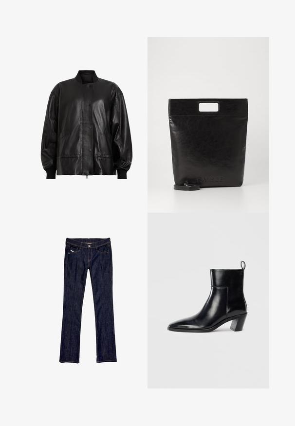 Veste bomber en cuir noir avec un panneau côtelé et fermeture à bouton. Équipée de poches latérales et de poignets élastiques pour un ajustement sur mesure.; Chemise blanche à manches longues en tissu lisse avec un bouton à l'avant, un col pointu et des coutures noires contrastantes le long de la patte de boutonnage et des poignets.; Jean en denim bleu foncé avec une coupe droite, dotée d'une fermeture à bouton à l'avant, de cinq poches et de coutures visibles le long des coutures.; Bottine en cuir noir avec un bout pointu, un talon empilé géométrique et une languette à l'arrière. Texture lisse et design épuré.; Sac fourre-tout en cuir noir avec une poignée carrée, arborant une finition texturée et un logo en relief. Comprend une bandoulière amovible.
