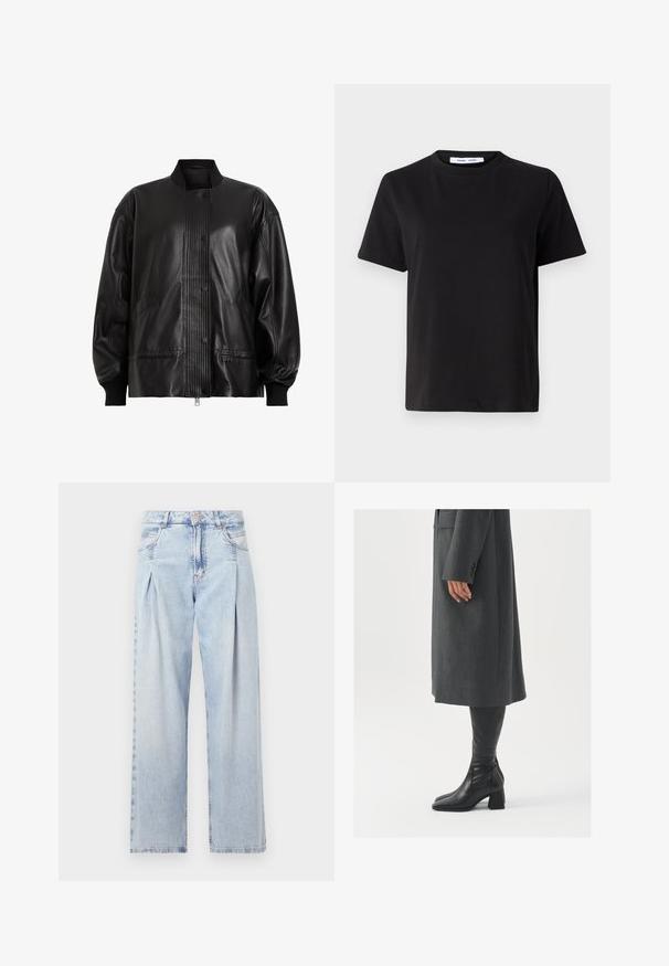 Must mustrakk nahkabuus, millel on ribatud paneel ja nupulukk. Omab külgpockets ja elastseid mansette, et saavutada sobiv sobivus.; Must have lühikeste varrukatega t-särk, mis on valmistatud pehmest puuvillast, ümmarguse kaelusega, lõdva sobivusega ja sileda tekstuuriga. Ei ole nähtavaid mustreid ega graafikat.; Heledad sinise denimist valmistatud teksapüksid kõrge vöökohaga, laia jala lõikega, kahe külje taskuga ja pleedi disainiga. Pehme tekstuur ja pleekinud viimistlus.; Hallhalline, kohandatud ülikond jakk sirge lõikega; kombineeritud kuni põlveni ulatuvate mustade nahast saapadega, millel on nelinurkne varvas ja paks konts.