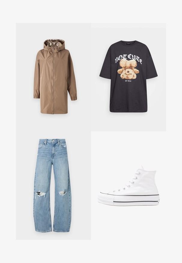 Brown waterproof jacket with a hood, zip front, elastic cuffs, and a shiny inner lining. Features a slightly oversized design.; Black oversized t-shirt featuring a graphic of a bear with the text “NOT CUTE BUT WILD” in bold, white lettering. Cotton material.; Light blue, high-waisted jeans made of denim. Feature wide legs, two torn knee areas, and classic five-pocket styling.; White high-top canvas sneaker with black rubber sole, front rubber toe cap, and six eyelets for laces, featuring a clean, minimalist design.