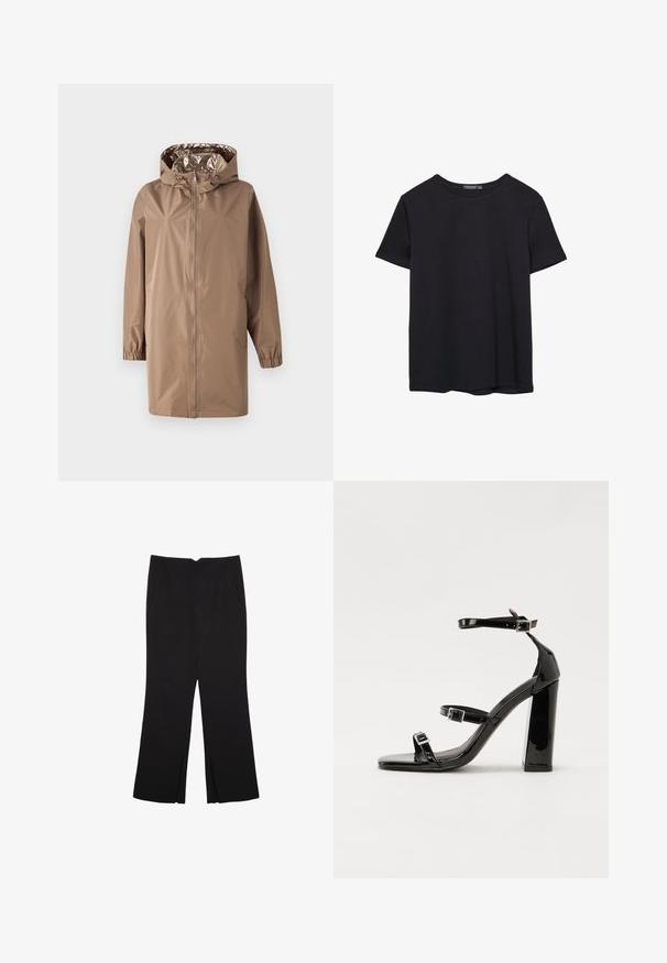 Veste imperméable marron avec capuche, fermeture éclair à l'avant, poignets élastiques et doublure intérieure brillante. Caractéristiques d'un design légèrement surdimensionné.; T-shirt en coton noir à manches courtes, col rond, présenté sur un fond blanc.; Pantalon noir avec une coupe droite, doté de poches avant et d'éclairs sur l'ourlet. Fabriqué en tissu doux et lisse. Convient à diverses occasions.; Sandales à talons vernies noires avec un bout carré, des sangles autour de la cheville et des boucles en argent. Dotées d'un talon bloc épais pour plus de stabilité.