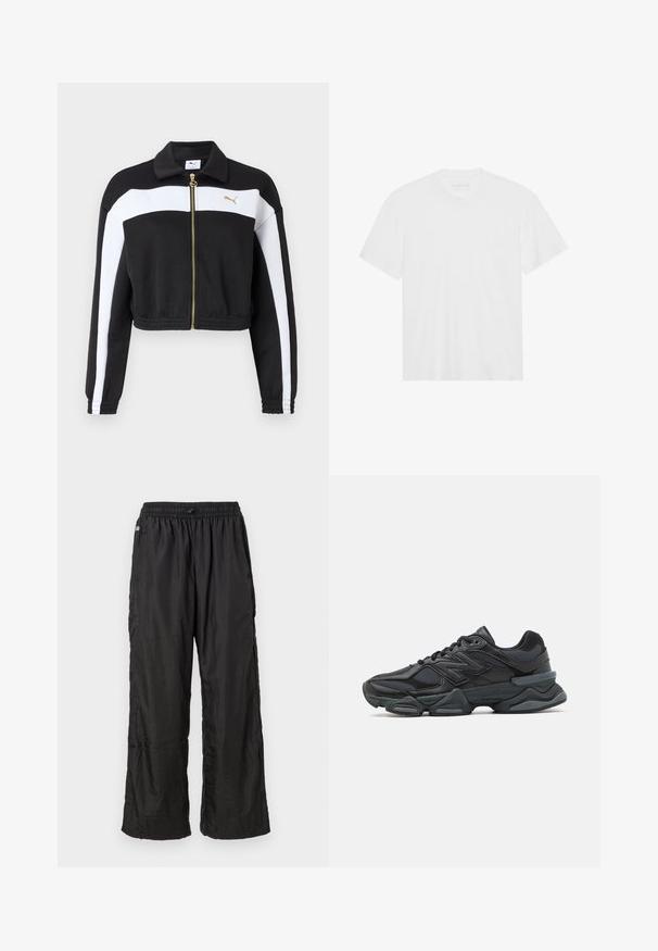 Black and white cropped jacket with a full zipper, gold hardware, elastic waistband, and contrasting stripes along the sleeves.; White cotton t-shirt with short sleeves, crew neckline, and straight hem. Smooth texture, minimalistic design without patterns or accents.; Black lightweight nylon track pants with elastic waistband and loose straight-leg fit, displayed against a plain white background.; Black running shoe featuring a mix of mesh and synthetic materials, chunky sole, curved design, and prominent branding on the side.