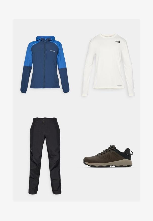 Marinblå och blå lättviktsjacka med dragkedja framtill, dragsko i huvan och elastiska manschetter. Har en logotyp på bröstet och kontrasterande paneler.; Vit långärmad skjorta med rund hals, texturerat tyg, svart logotyp på vänster axel och diskret branding i botten.; Svarta vattentäta byxor med en slät yta, som har två framknappar och en tapered ben design. Försedda med en logotyp på sidan.; Bruna vattentåliga sneakers med en strukturerad ovandel, perforerade detaljer, svart hälstöd och en grå gummisula. Snörningen har metalliska ändar.