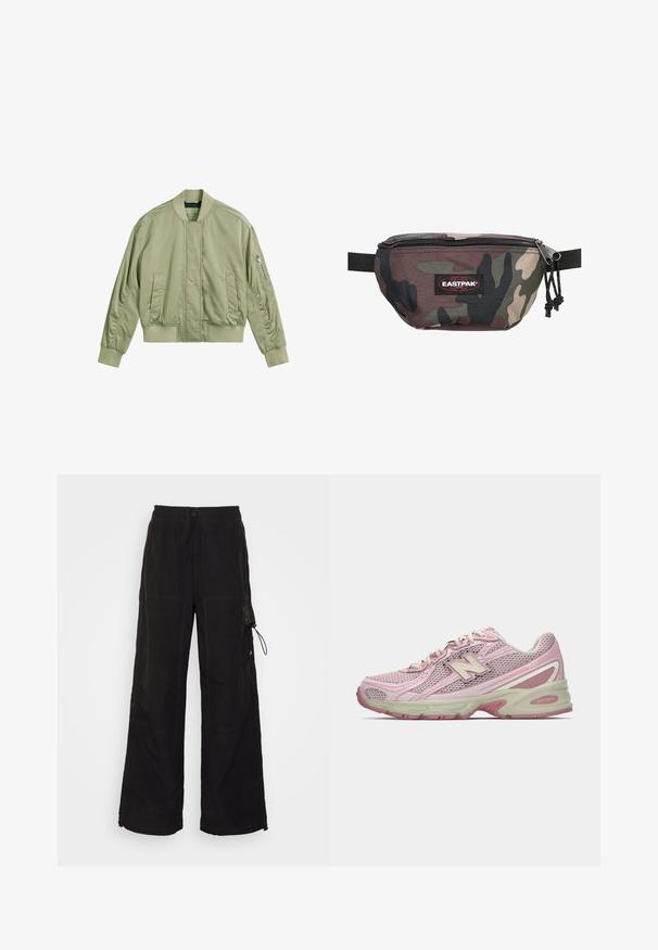 Lichtgroene bomberjack met een ritssluiting op de linker mouw, geribde kraag en manchetten, en een gladde, matte afwerking. Taillored fit met zijzakken.; Fleece pullover met teal en marineblauwe strepen, half-zip ontwerp, voorzak, gecombineerd met een bruine rok en gemusterde groene sokken.; Zwarte wijde broek gemaakt van een gestructureerde stof. Heeft een elastische tailleband met koord, zijzakken en contrasterende stikdetails.; Roze en beige New Balance 740 sneaker met een bovenwerk van mesh en kunstleer, vetersluiting en een gevoerde zool, weergegeven in zijprofiel.; Camouflage heupriem gemaakt van duurzame stof, met een ritsluiting, verstelbare band en een rode Eastpak-logo patch aan de voorkant.