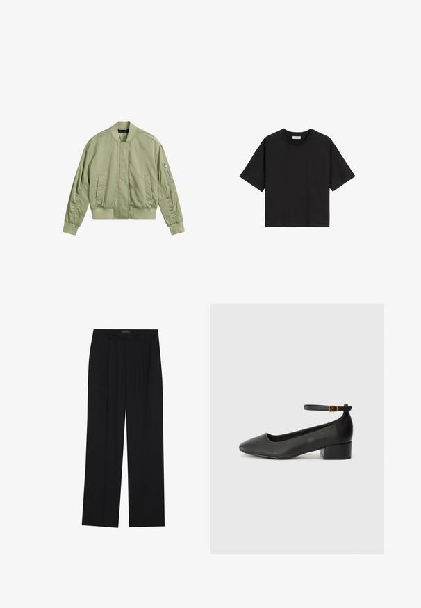 Hellgrüne Bomberjacke mit einer mit Reißverschluss versehenen Tasche am linken Ärmel, geripptem Kragen und Bündchen sowie einer glatten, matten Oberfläche. Figurbetonter Schnitt mit Seitentaschen.; Schwarzes Baumwoll-T-Shirt mit kurzen Ärmeln, Rundhalsausschnitt und lockerer Passform. Glatte Textur und schlichtes Design ohne Muster oder Verzierungen.; Schwarze Hose mit geradem Bein, ausgestattet mit zwei frontalen Taschen und einem Taillenbund. Hergestellt aus einem glatten, leichten Stoff.; Schwarze Lederpumps mit spitzem Zehenbereich und niedrigem Blockabsatz. Mit einem Knöchelriemen und einer goldfarbenen Schnalle. Glatte Textur.