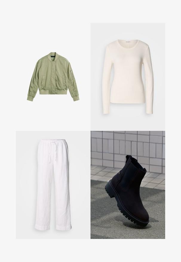 Lichtgroene bomberjack met een ritssluiting op de linker mouw, geribde kraag en manchetten, en een gladde, matte afwerking. Taillored fit met zijzakken.; Lange mouw T-shirt van crème katoen, met een ronde hals, aansluitend ontwerp en een klein logo-detail vlakbij de zoom. Gladde textuur.; Witte linnen broeken met een losse pasvorm, elastische tailleband en trekkoord. Heeft rechte pijpen en opgerolde zoom voor een casual uitstraling.; Bruine leren enkelboots met zwarte elastische zijkanten en een dikke, robuuste zool. Opvallende stiksels rondom de randen.