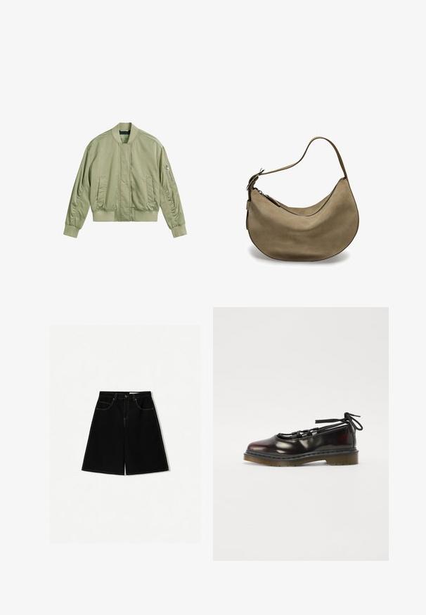 Hellgrüne Bomberjacke mit einer mit Reißverschluss versehenen Tasche am linken Ärmel, geripptem Kragen und Bündchen sowie einer glatten, matten Oberfläche. Figurbetonter Schnitt mit Seitentaschen.; Navyblaues Langarmoberteil mit weißen horizontalen Streifen, Rundhalsausschnitt und cropped Saum. Der Stoff wirkt weich mit einer strukturierten Oberfläche.; Schwarze Denim-Shorts mit lockerer Passform, ausgestattet mit fünf Taschen, gelben Nähakzenten und einem mittelhohen Bunddesign.; Glänzender dunkelroter Schuh mit abgerundeter Zehe, Schnürdesign, Gummisohle und schwarzen Schnürsenkeln, mit silberner Hardware und genähten Kanten.; Braune Wildleder-Hobo-Tasche mit geschwungener Form, einfachem Schulterriemen, Reißverschluss und glatter Textur. Schlichtes Design mit minimalen Hardware-Details.