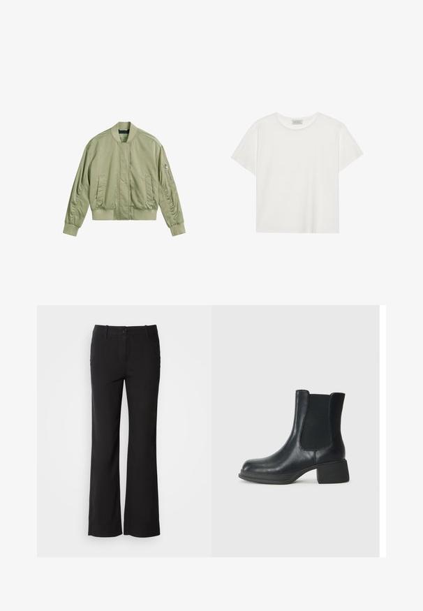 Svetlozeleni bomber jakna z žepom na zadrgo na levem rokavu, rebrastim ovratnikom in manšetami ter gladko, mat končno obdelavo. Prilagojen kroj z stranskimi žepi.; Bela kratkotrajna majica s kratkimi rokavi, narejena iz mehke bombažne tkanine. Ima okroglo ovratnico in sproščen kroj. Čist dizajn brez vidnih vzorcev ali akcentov.; Črne hlače iz bombažne mešanice s ravnim krojem, sprednim gumbom in dvema stranskima žepoma. Gladek teksturiran material, brez vidnih vzorcev.; Črne usnjene gležnjarje z elastičnimi stranskimi paneli, okroglim prstom in nizko blokasto peto. Površina ima gladko teksturo in minimalne detajle.