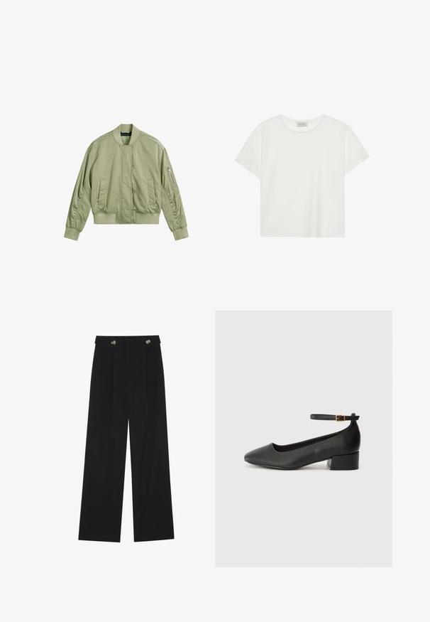 Hele roheline bomber-jakk, millel on vasakul varrukal lukuga tasku, ribaga krae ja mansetid ning sile, mati viimistlusega. Kohandatud lõige küljetaskutega.; Valge lühikeste varrukatega t-särk, mis on valmistatud pehmest puuvillast. Omab ümmargust kaelust ja mugavat lõiget. Puhtad jooned, ilma nähtavate mustrite või aktsentideta.; Mustad laiad püksid kõrge vöökoha ja nööpdetailidega vööandil, esikortsudega.; Must mustaapp, millel on terav nina ja madal blokk-kand. Omab pahkluu rihma koos kuldse tooni pandlaga. Sile tekstuur.
