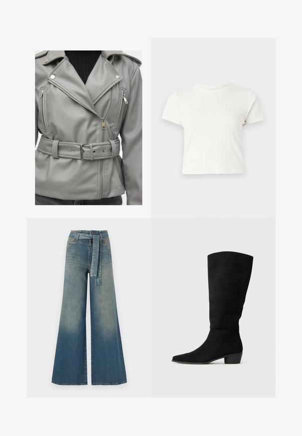 Gray faux leather motorcycle jacket with a belted waist, asymmetrical zipper, and silver hardware accents. Features quilted texture on shoulders.; Short white t-shirt made of cotton with short sleeves, a round neckline, and a straight hem, featuring a smooth texture and minimal design.; Wide-leg denim trousers featuring a light to dark blue gradient, high waist, belt loops, and a matching fabric belt. Textured denim finish.; Black suede knee-high boot with low block heel and pointed toe, shown in side view on a plain light gray background.
