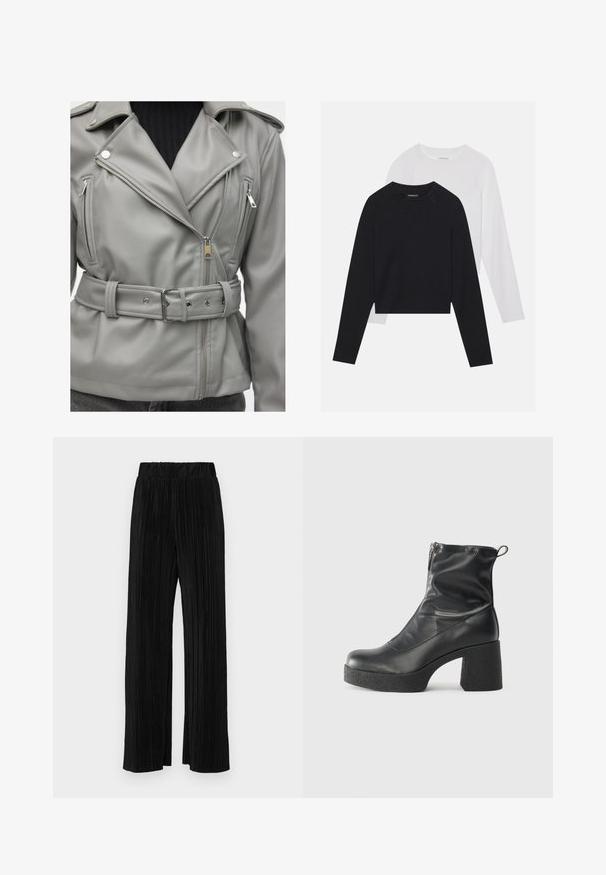 Pilkos dirbtinės odos motociklininko striukė su diržu, asimetriniu užtrauktuku ir sidabro spalvos detalių akcentais. Peties srityje turi siuvinėtą tekstūrą.; Du dušo ilgomis rankovėmis marškiniai: vieni juodi, kiti balti. Abu marškiniai turi apvalų iškirpimą, raglan tipo rankoves ir minkštą medvilnės mišinio audinį.; Juodi plisuoti kelnės su elastine juosta. Turėkite plačias kojas ir glotnų, tekstūrinį audinį su vertikaliais dryžiais.; Juodos kulkšninių botai, pagaminti iš lygaus odos, su šoniniu užtrauktuku, masyviu tekstūruotu kulnu ir apvaliu pirštu.