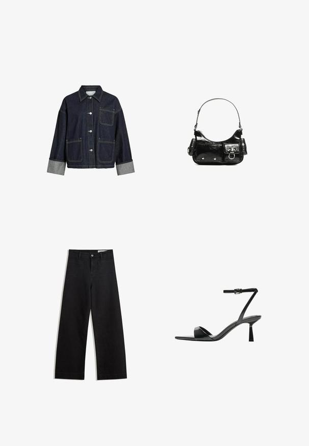 Temna denimska jakna z gumbom spredaj, tremi vidnimi žepi, zavihanimi sivimi manšetami in kontrastnim šivanjem.; Bela majica s kratkimi rokavi sproščenega kroja in z gubanim materialom na pasu. Narejena iz mehkega, lahkega blaga.; Črne široke denim hlače z visokim pasom, ki imajo sprednje in zadnje žepe, šivane šive ter gumbasto zapiranje. Gladka tekstura.; Bershka Sandali z visoko peto - black; Črna lakasta usnjena torbica s ukrivljeno obliko, enim ramenskim trakom, sprednjimi žepi in srebrnimi kovinskimi dodatki.