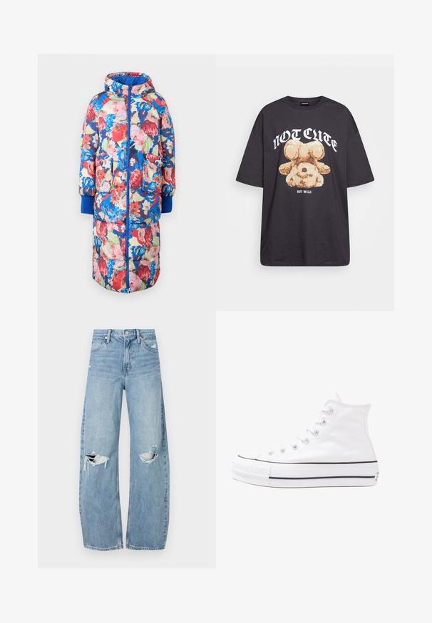 Manteau matelassé à fleurs avec capuche, présentant des fleurs rouges, roses et bleues sur un fond sombre, deux poches avant et des poignets en rib d'un bleu vibrant.; T-shirt noir oversize avec un graphique d'un ours et le texte « PAS MIGNON MAIS SAUVAGE » en lettres blanches, en gras. Matériau en coton.; Jeans en denim bleu clair à taille haute. Présentent des jambes larges, deux zones déchirées aux genoux et un style classique à cinq poches.; Baskets montantes en toile blanche avec semelle en caoutchouc noir, capuchon en caoutchouc à l'avant, et six œillets pour les lacets, présentant un design épuré et minimaliste.