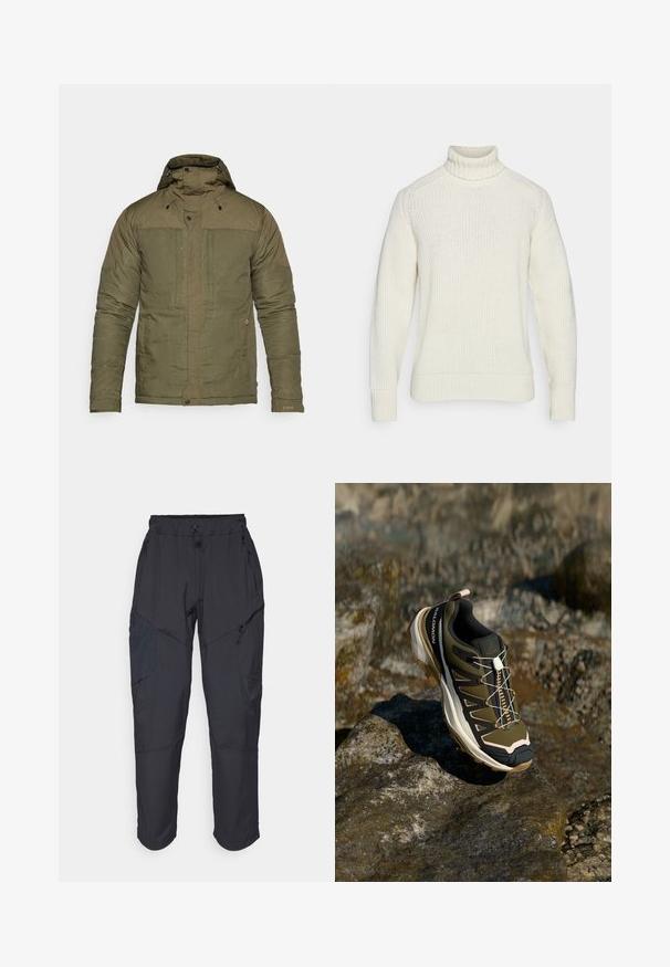 Tamsiai žalia pūkinė striukė su aukštu apykakle, reguliuojama gobtuvu, dviem priekinėmis kišenėmis ir elastingomis rankogaliais. Tekstūruotas audinys su lygiu paviršiumi.; Kremo spalvos megztinis su aukštu kaklu, raukšlėtomis rankogaliais ir tekstūruotu mezgimo raštu. Turi laisvą siluetą ir be siūlių dizainą.; Juodos krovinių kelnės, pagamintos iš lengvos, vandeniui atsparios medžiagos; turi elastingą juosmenį, kelis užtrauktukais uždaromus kišenes ir siaurėjančius šonus.; Žygio batai olivų žalios ir juodos spalvos su rožiniais akcentais. Turi tekstūruotą viršutinę dalį, lankstų pado tipą, sustiprintą pirštų dalį ir spalvingą raištelių sistemą.