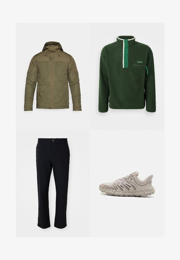 Olivnozeleni padded jakna s visokim ovratnikom, prilagodljivom kapuljačom, dva prednja džepa i elastičnim manžetama. Teksturalna tkanina s glatkom završnom obradom.; Zeleni flis pulover s visokim ovratnikom, s kontrastnim bijelim patentnim zatvaračem, gumbima na drukere i džepom na prsima sa patentnim zatvaračem. Teksturirana tkanina.; Crne hlače s kopčanjem, ravnog kroja, glatke teksture i bočnim džepovima, prikladne za različite prilike.; Svijetlosivi sportski tenisice s gornjim dijelom od mrežaste tkanine, valovitim dizajnom sa strane i debelim, teksturiranim đonom. Ima zasun i brendiranje sa strane.