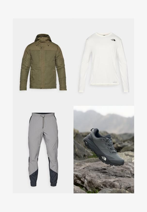 Tamsiai žalia pūkinė striukė su aukštu apykakle, reguliuojama gobtuvu, dviem priekinėmis kišenėmis ir elastingomis rankogaliais. Tekstūruotas audinys su lygiu paviršiumi.; Balta ilga rankove marškiniai su apvalia iškirpte, tekstūruota medžiaga, juodas logotipas kairėje petyje ir subtilus prekės ženklas apačioje.; Lengvas, pilkos sportinės kelnės su juodais akcentais. Elastingas juosmuo, raišteliu užsegimas, siaurėjantis kojų dizainas ir šoninės kišenės.; Pilkas bėgimo batelis su tekstūruota viršutine dalimi, tvirtu guminio pado ir sustiprinta nosimi. Turi raištelius ir prekės ženklo logotipą šone.