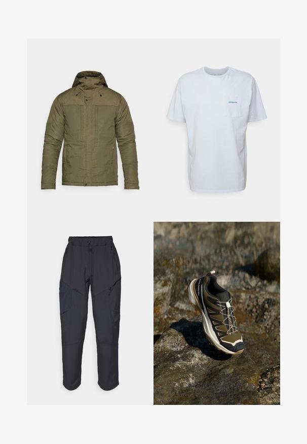 Kurtka ocieplana w kolorze oliwkowym z wysokim kołnierzem, regulowanym kapturem, dwoma przednimi kieszeniami i elastycznymi mankietami. Teksturowana tkanina o gładkim wykończeniu.; Biała bawełniana koszulka z krótkim rękawem, okrągłym dekoltem i kieszonką na lewej piersi z niebieskim logo "Patagonia". Klasyczny krój o gładkiej fakturze.; Czarne spodnie cargo wykonane z lekkiego, wodoodpornego materiału; posiadają elastyczny pas, liczne kieszenie zapinane na zamek oraz zwężane nogawki.; Buty trekkingowe w oliwkowym zielonym i czarnym kolorze z różowymi akcentami. Posiadają teksturowaną górę, elastyczną podeszwę, wzmocniony czubek oraz kolorowy system sznurowania.