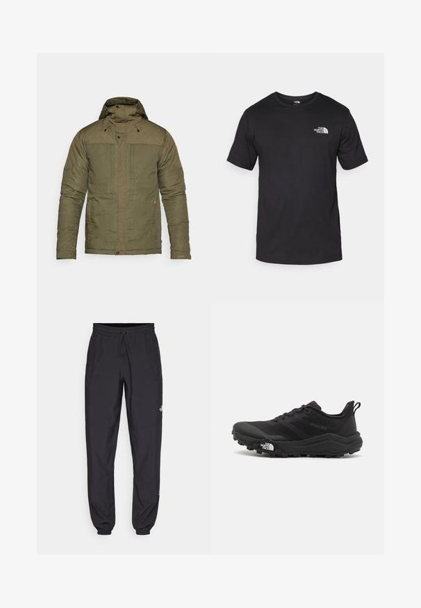 Casaco acolchoado verde-azeitona com gola alta, capuz ajustável, dois bolsos frontais e punhos elásticos. Tecido texturizado com acabamento suave.; T-shirt preto de manga curta feito de algodão, com um decote redondo e um pequeno logótipo branco na parte superior esquerda do peito.; Calças atléticas pretas feitas de tecido leve, com um cós ajustável por cordão, bolsos laterais e punhos afunilados nos tornozelos.; Sapatilha de trail running preta com um upper texturizado, sola de borracha e biqueira reforçada. Possui um colarinho acolchoado e uma alça para facilitar o calçar.