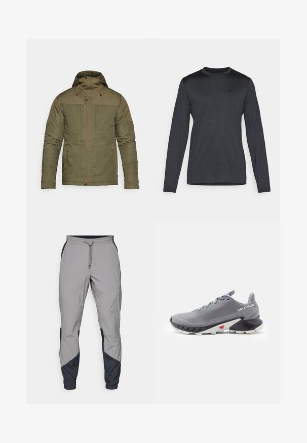 Oliven grøn polstret jakke med høj krave, justerbar hætte, to forlommer og elastiske cuffs. Tekstureret stof med en glat overflade.; Langærmet skjorte i mørkegrå stof, med rund hals og diskret logodetalje. Glat tekstur med en tætsiddende pasform.; Lettere, grå atletiske bukser med sorte detaljer. Elastisk talje, snøre lukning, tapered ben-design og sidelommer.; Grå løbesko med struktureret mesh-overdel, sort og hvid gummisål og rød detalje nær hælen. Har snørebånd og støttende design.