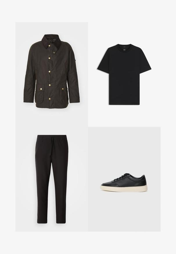 Brown waxed jacket with a corduroy collar, gold buttons, two front pockets, and a relaxed fit. Smooth texture with a slightly shiny finish.; Black short-sleeve T-shirt made from a smooth cotton blend, featuring a crew neckline and a minimalistic design with no patterns or accents.; Black jogger pants made of smooth fabric. Feature an elastic waistband with a drawstring, tapered legs, and no visible pockets. Simple design.; Black low-top leather sneaker with black laces and off-white sole shown in side profile on white background.