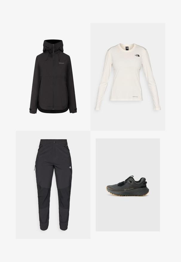 Must Didriksonsi kapuutsiga veekindel jope esilukuga, reguleeritavate mansettide ja kapuutsi paeltega.; The North Face SHADOW LONG SLEEVE - Pikkade varrukatega topp - white dune; Must black välitingimustes püksid, mis on valmistatud vastupidavast kangast. Omavad lukugaTaskuid, tugevdatud põlvepaneele ja sirget lõiget liikuvuse tagamiseks.; Columbia TERRASTRIDE CRZ - Matkajalatsid - shark/black