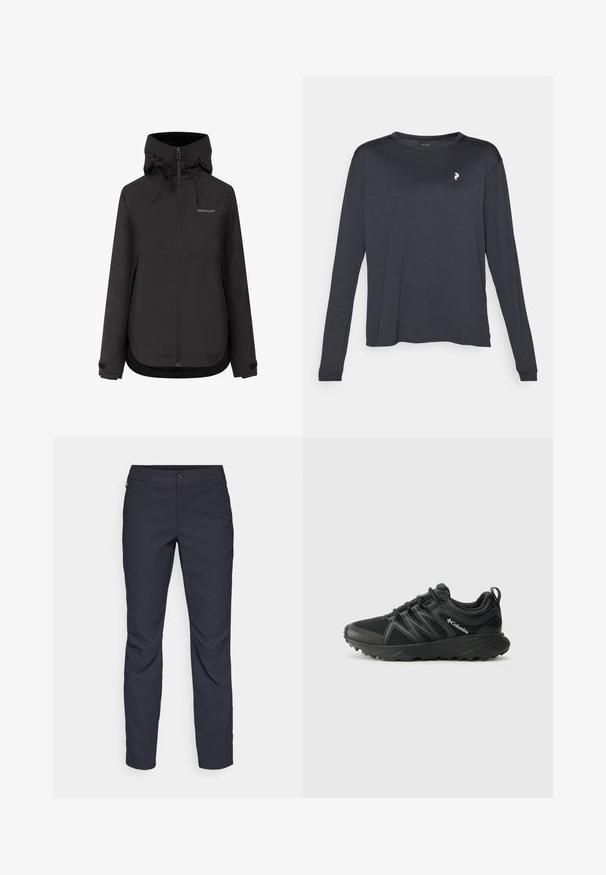 Chaqueta impermeable negra con capucha de Didriksons, con cremallera frontal, puños ajustables y cordones en la capucha.; Camiseta de manga larga oscura hecha de tela texturizada, con cuello redondo y un pequeño logo blanco en el área izquierda del pecho.; Pantalones azul marino de tela suave, que presentan un cierre delantero con botón, un diseño ajustado y detalles con pliegues en las rodillas.; Columbia PEAKFREAK - Zapatillas de senderismo - black