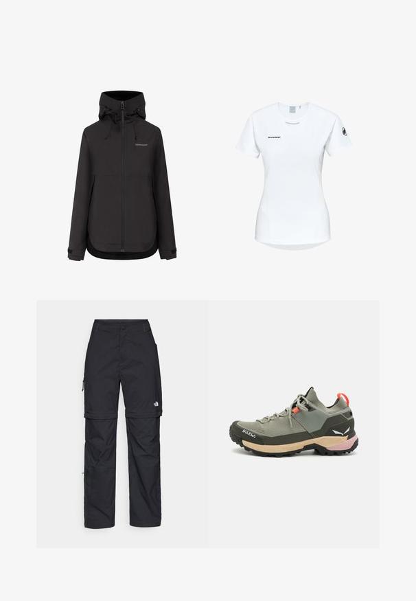 Schwarze wetterfeste Kapuzenjacke von Didriksons mit Frontreißverschluss, verstellbaren Bündchen und Kordelzügen an der Kapuze.; Kurzärmliges weißes Sportshirt mit Rundhalsausschnitt, das ein Logo auf der Brust und eine glatte, leichte Stofftextur aufweist.; Schwarze Nylon-Zip-Off-Cargohosen mit verstellbaren Bündchen, mehreren Taschen und einem Logo am rechten Bein. Glatte, leichte Textur.; Leichter grüner Wanderschuh aus Mesh und Gummi, mit schwarzem Profilsohle, rosa und orangefarbenen Akzenten sowie verstärkter Zehenkappe.
