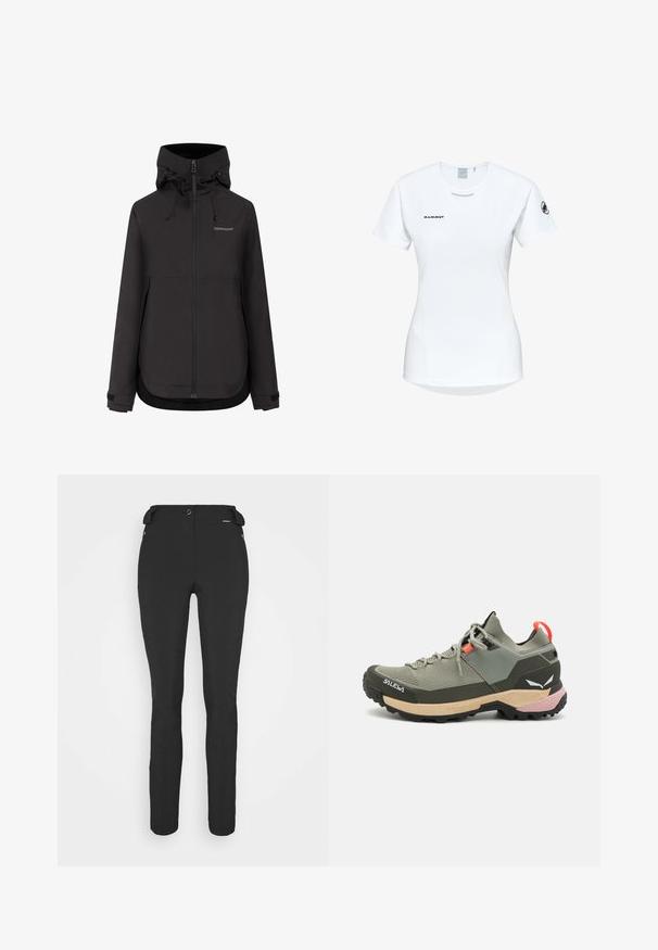 Schwarze wetterfeste Kapuzenjacke von Didriksons mit Frontreißverschluss, verstellbaren Bündchen und Kordelzügen an der Kapuze.; Kurzärmliges weißes Sportshirt mit Rundhalsausschnitt, das ein Logo auf der Brust und eine glatte, leichte Stofftextur aufweist.; Schwarze, enganliegende Hosen aus einem flexiblen Material. Zu den Merkmalen gehören eine seitliche Reißverschlusstasche, vorgeformte Knie und eine glatte Textur.; Leichter grüner Wanderschuh aus Mesh und Gummi, mit schwarzem Profilsohle, rosa und orangefarbenen Akzenten sowie verstärkter Zehenkappe.